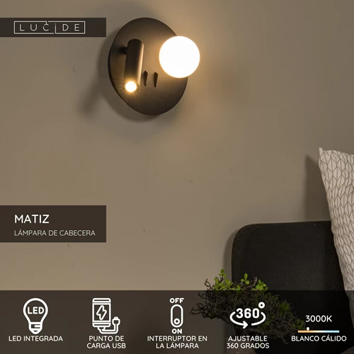 Lucide MATIZ - Lámpara de cabecera / Lámpara de pared - Ø 16,5 cm - LED - 3000K - Con punto de carga USB - Negro - USP